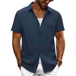 imagePJ PAUL JONES Mens Casual Button Down Shirt Textured Short Sleeve Summer Shirt wih PocketNavy Blue