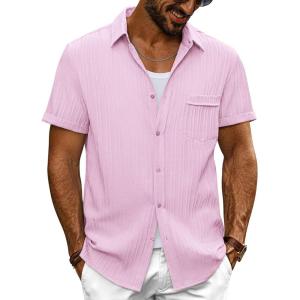 imagePJ PAUL JONES Mens Casual Button Down Shirt Textured Short Sleeve Summer Shirt wih PocketPink