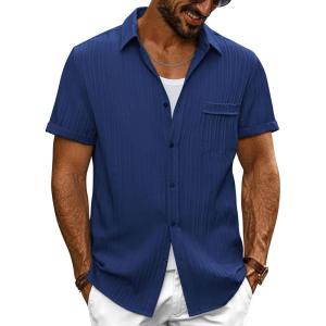 imagePJ PAUL JONES Mens Casual Button Down Shirt Textured Short Sleeve Summer Shirt wih PocketRoyal Blue
