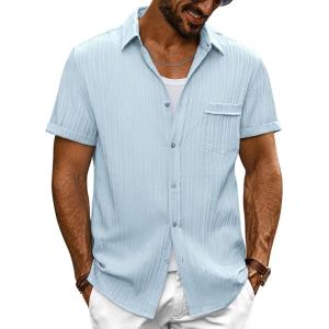 imagePJ PAUL JONES Mens Casual Button Down Shirt Textured Short Sleeve Summer Shirt wih PocketSky Blue