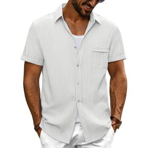 imagePJ PAUL JONES Mens Casual Button Down Shirt Textured Short Sleeve Summer Shirt wih PocketWhite