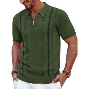 imagePJ PAUL JONES Mens Quarter Zipper Knit Polo Shirts Striped Vintage Short Sleeve ShirtArmy Green