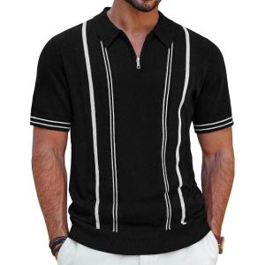 imagePJ PAUL JONES Mens Quarter Zipper Knit Polo Shirts Striped Vintage Short Sleeve ShirtBlack