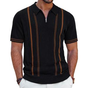 imagePJ PAUL JONES Mens Quarter Zipper Knit Polo Shirts Striped Vintage Short Sleeve ShirtBlacklight Brown