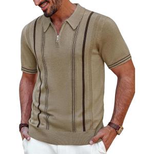 imagePJ PAUL JONES Mens Quarter Zipper Knit Polo Shirts Striped Vintage Short Sleeve ShirtCamel