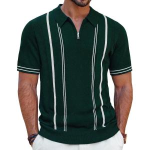 imagePJ PAUL JONES Mens Quarter Zipper Knit Polo Shirts Striped Vintage Short Sleeve ShirtDark Green