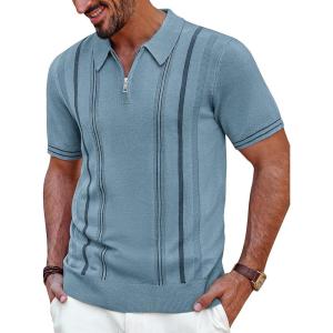 imagePJ PAUL JONES Mens Quarter Zipper Knit Polo Shirts Striped Vintage Short Sleeve ShirtGrey Blue
