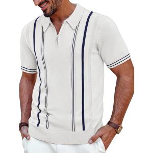 imagePJ PAUL JONES Mens Quarter Zipper Knit Polo Shirts Striped Vintage Short Sleeve ShirtOff  White