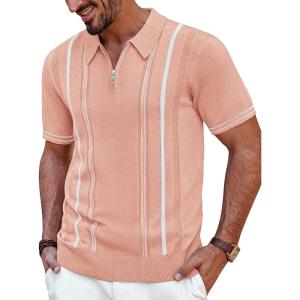 imagePJ PAUL JONES Mens Quarter Zipper Knit Polo Shirts Striped Vintage Short Sleeve ShirtPink