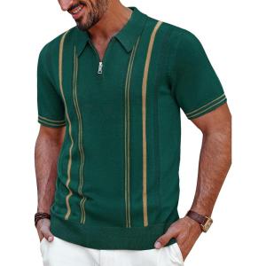 imagePJ PAUL JONES Mens Quarter Zipper Knit Polo Shirts Striped Vintage Short Sleeve ShirtVintage Green