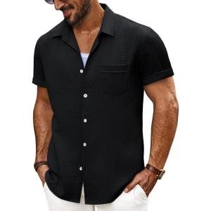 imagePJ PAUL JONES Mens Short Sleeve Button Down Shirts Casual Waffle Textured Loose Fit Summer Beach ShirtBlack