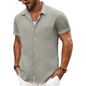 imagePJ PAUL JONES Mens Short Sleeve Button Down Shirts Casual Waffle Textured Loose Fit Summer Beach ShirtKhaki