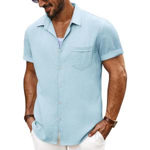imagePJ PAUL JONES Mens Short Sleeve Button Down Shirts Casual Waffle Textured Loose Fit Summer Beach ShirtLight Blue