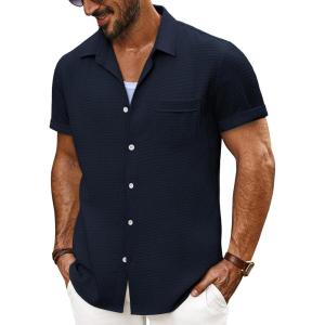 imagePJ PAUL JONES Mens Short Sleeve Button Down Shirts Casual Waffle Textured Loose Fit Summer Beach ShirtNavy