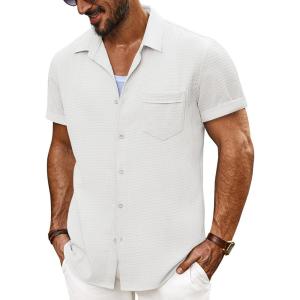 imagePJ PAUL JONES Mens Short Sleeve Button Down Shirts Casual Waffle Textured Loose Fit Summer Beach ShirtWhite