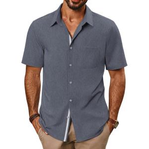 imagePJ PAUL JONES Mens Casual Shirts Short Sleeve Button Down Shirts Summer WrinkleFree Shirts with PocketBlue Grey