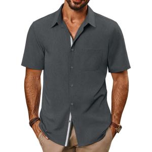 imagePJ PAUL JONES Mens Casual Shirts Short Sleeve Button Down Shirts Summer WrinkleFree Shirts with PocketCharcoal