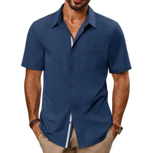 imagePJ PAUL JONES Mens Casual Shirts Short Sleeve Button Down Shirts Summer WrinkleFree Shirts with PocketDark Blue