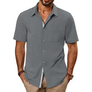 imagePJ PAUL JONES Mens Casual Shirts Short Sleeve Button Down Shirts Summer WrinkleFree Shirts with PocketDark Grey