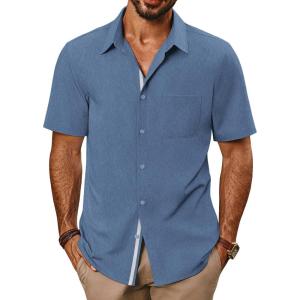 imagePJ PAUL JONES Mens Casual Shirts Short Sleeve Button Down Shirts Summer WrinkleFree Shirts with PocketDenim Blue