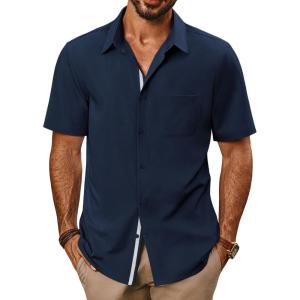 imagePJ PAUL JONES Mens Casual Shirts Short Sleeve Button Down Shirts Summer WrinkleFree Shirts with PocketNavy Blue