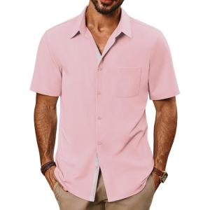 imagePJ PAUL JONES Mens Casual Shirts Short Sleeve Button Down Shirts Summer WrinkleFree Shirts with PocketPink