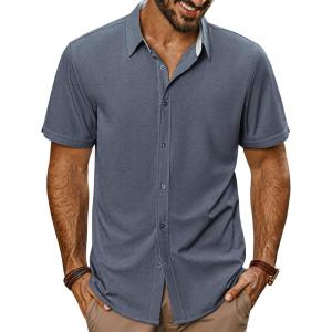 imagePJ PAUL JONES Mens Button Down Shirt Short Sleeve Casual Shirt Wrinkle Free Dress Shirt Summer Beach ShirtBlue Grey