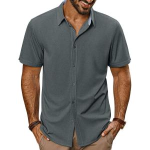imagePJ PAUL JONES Mens Button Down Shirt Short Sleeve Casual Shirt Wrinkle Free Dress Shirt Summer Beach ShirtCarbon Black