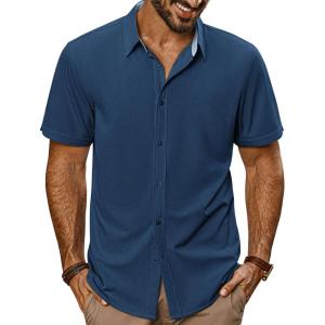 imagePJ PAUL JONES Mens Button Down Shirt Short Sleeve Casual Shirt Wrinkle Free Dress Shirt Summer Beach ShirtDark Blue