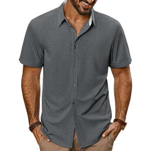 imagePJ PAUL JONES Mens Button Down Shirt Short Sleeve Casual Shirt Wrinkle Free Dress Shirt Summer Beach ShirtDark Grey