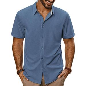 imagePJ PAUL JONES Mens Button Down Shirt Short Sleeve Casual Shirt Wrinkle Free Dress Shirt Summer Beach ShirtDenim Blue