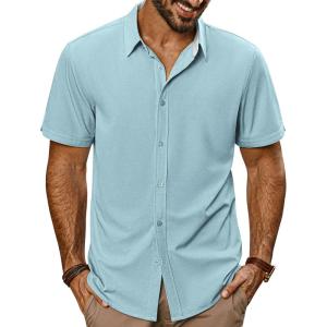 imagePJ PAUL JONES Mens Button Down Shirt Short Sleeve Casual Shirt Wrinkle Free Dress Shirt Summer Beach ShirtMint Green