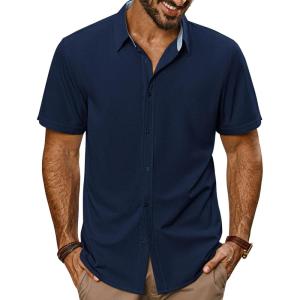 imagePJ PAUL JONES Mens Button Down Shirt Short Sleeve Casual Shirt Wrinkle Free Dress Shirt Summer Beach ShirtNavy Blue
