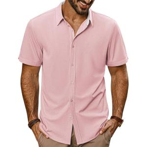 imagePJ PAUL JONES Mens Button Down Shirt Short Sleeve Casual Shirt Wrinkle Free Dress Shirt Summer Beach ShirtPink