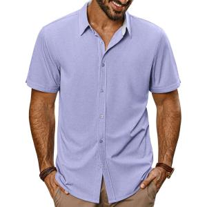 imagePJ PAUL JONES Mens Button Down Shirt Short Sleeve Casual Shirt Wrinkle Free Dress Shirt Summer Beach ShirtPurple
