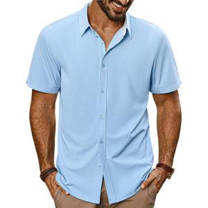 imagePJ PAUL JONES Mens Button Down Shirt Short Sleeve Casual Shirt Wrinkle Free Dress Shirt Summer Beach ShirtSky Blue