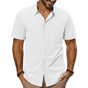 imagePJ PAUL JONES Mens Button Down Shirt Short Sleeve Casual Shirt Wrinkle Free Dress Shirt Summer Beach ShirtWhite