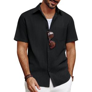 imagePJ PAUL JONES Mens Button Down Short Sleeve Shirt Summer Casual Cotton Button Up Beach Wedding ShirtsBlack