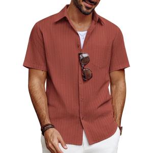 imagePJ PAUL JONES Mens Button Down Short Sleeve Shirt Summer Casual Cotton Button Up Beach Wedding ShirtsBrick Red