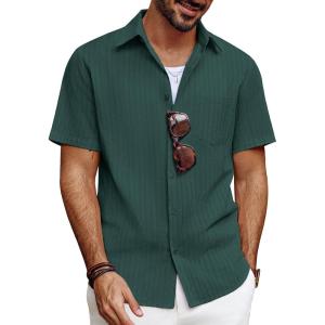 imagePJ PAUL JONES Mens Button Down Short Sleeve Shirt Summer Casual Cotton Button Up Beach Wedding ShirtsGreen