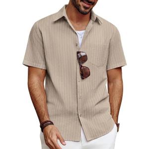 imagePJ PAUL JONES Mens Button Down Short Sleeve Shirt Summer Casual Cotton Button Up Beach Wedding ShirtsKhaki