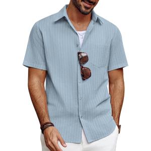 imagePJ PAUL JONES Mens Button Down Short Sleeve Shirt Summer Casual Cotton Button Up Beach Wedding ShirtsLight Gray Blue