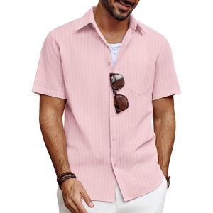 imagePJ PAUL JONES Mens Button Down Short Sleeve Shirt Summer Casual Cotton Button Up Beach Wedding ShirtsPink Purple