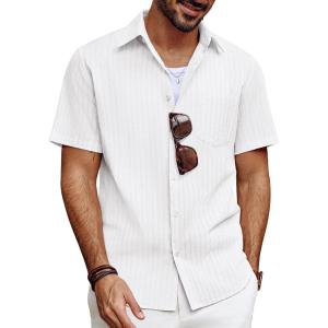 imagePJ PAUL JONES Mens Button Down Short Sleeve Shirt Summer Casual Cotton Button Up Beach Wedding ShirtsWhite