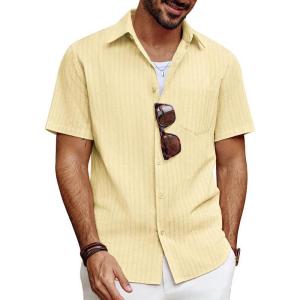 imagePJ PAUL JONES Mens Button Down Short Sleeve Shirt Summer Casual Cotton Button Up Beach Wedding ShirtsYellow
