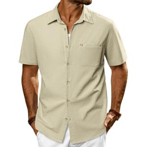imagePJ PAUL JONES Mens Casual Button Down Shirts Short Sleeve Cotton Summer Beach Shirt with PocketsApricot