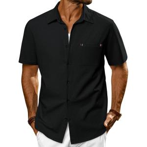 imagePJ PAUL JONES Mens Casual Button Down Shirts Short Sleeve Cotton Summer Beach Shirt with PocketsBlack