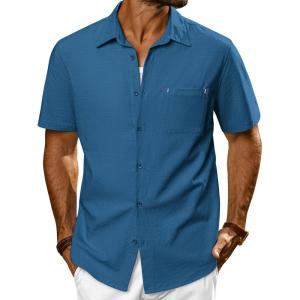 imagePJ PAUL JONES Mens Casual Button Down Shirts Short Sleeve Cotton Summer Beach Shirt with PocketsBlue Grey