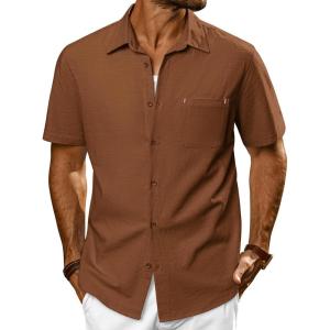 imagePJ PAUL JONES Mens Casual Button Down Shirts Short Sleeve Cotton Summer Beach Shirt with PocketsBrown