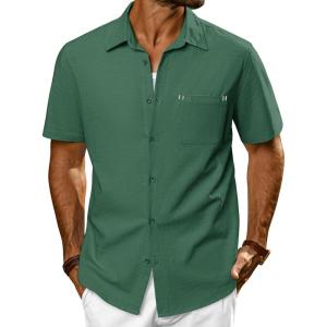 imagePJ PAUL JONES Mens Casual Button Down Shirts Short Sleeve Cotton Summer Beach Shirt with PocketsGreen